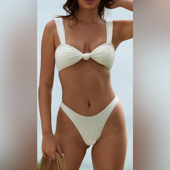 Zaful Other - ZAFUL White Ribbed Cheeky High Cut Textured Bikini Thong Swimsuit Women’s M